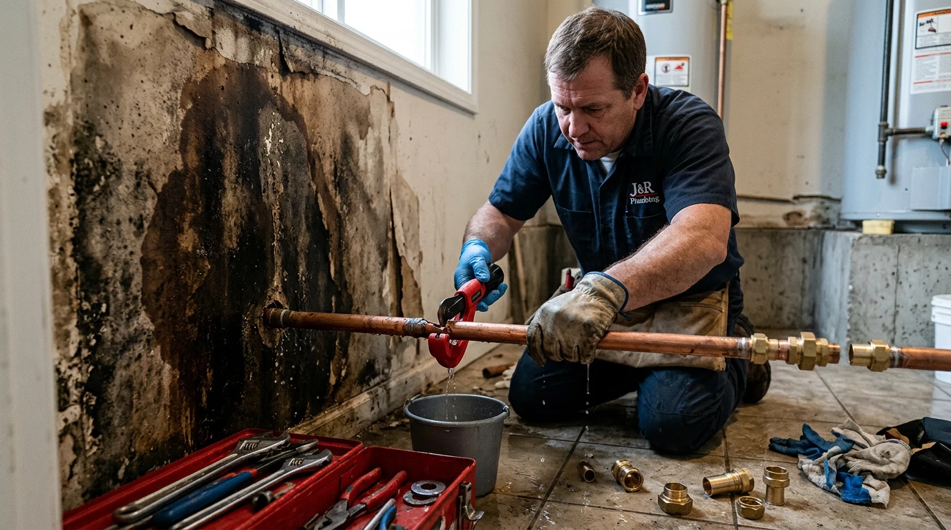 Plumber repairing a burst pipe