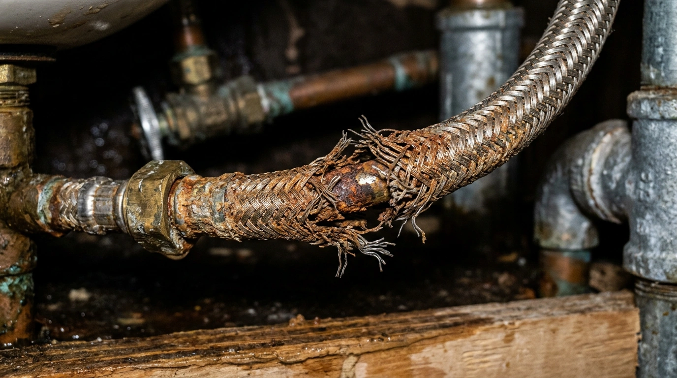 Corroded flexi hose showing rust and fraying