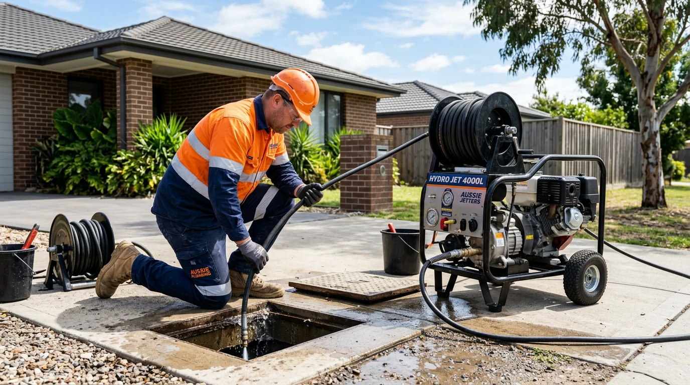 High-pressure jetter clearing a blocked sewer drain