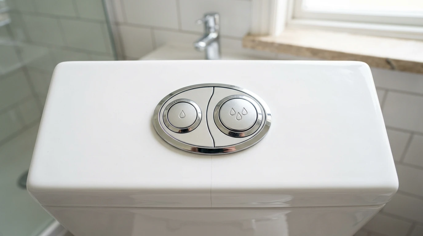 Dual-flush toilet button in a rental bathroom
