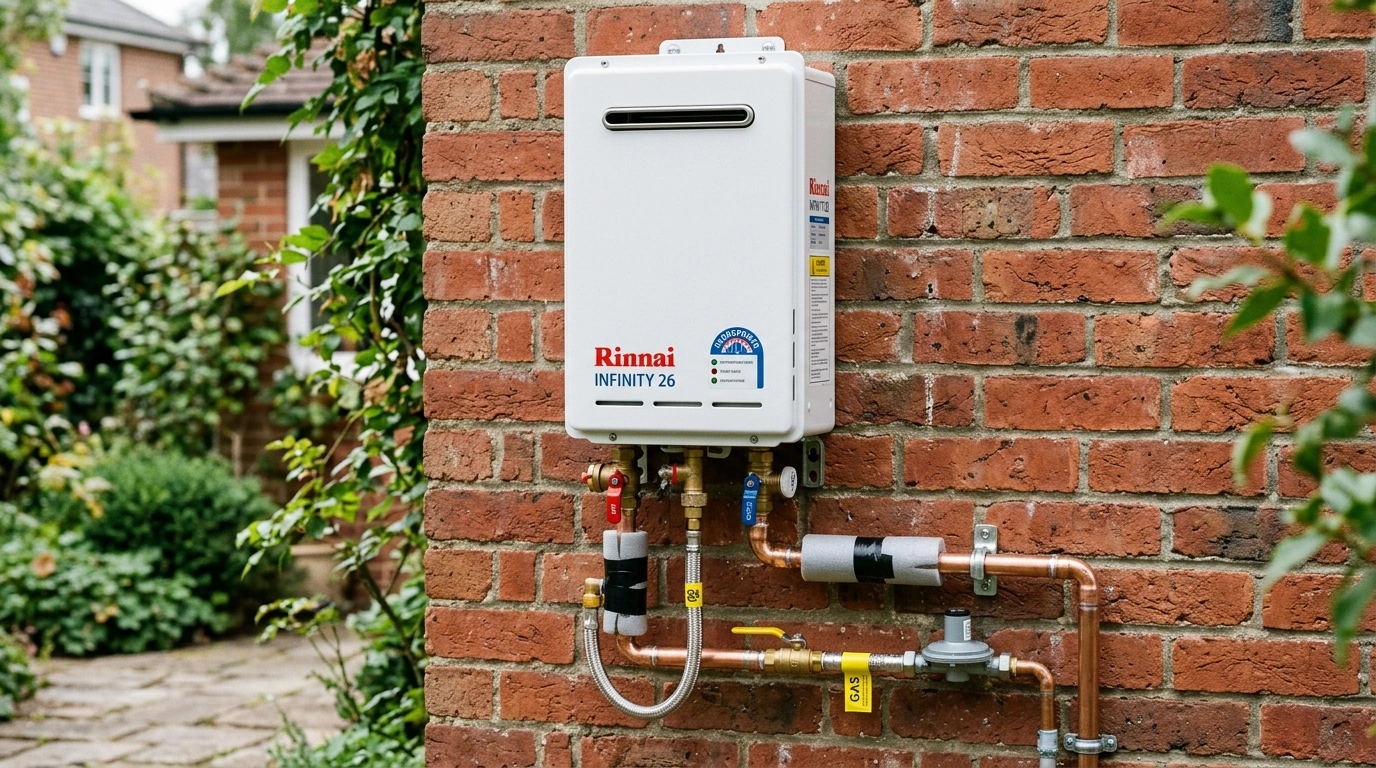 Gas continuous flow hot water unit on an exterior wall
