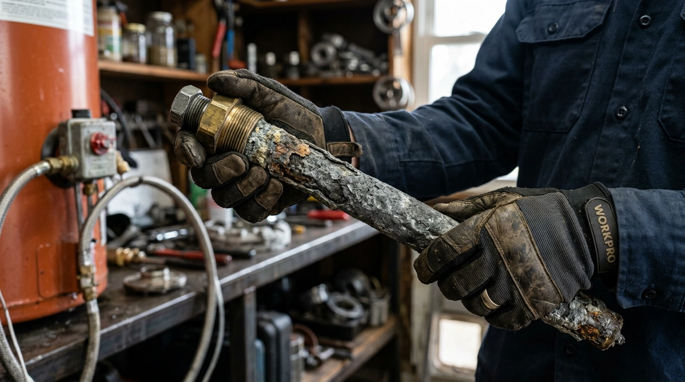 Anode rod being checked during a hot water service