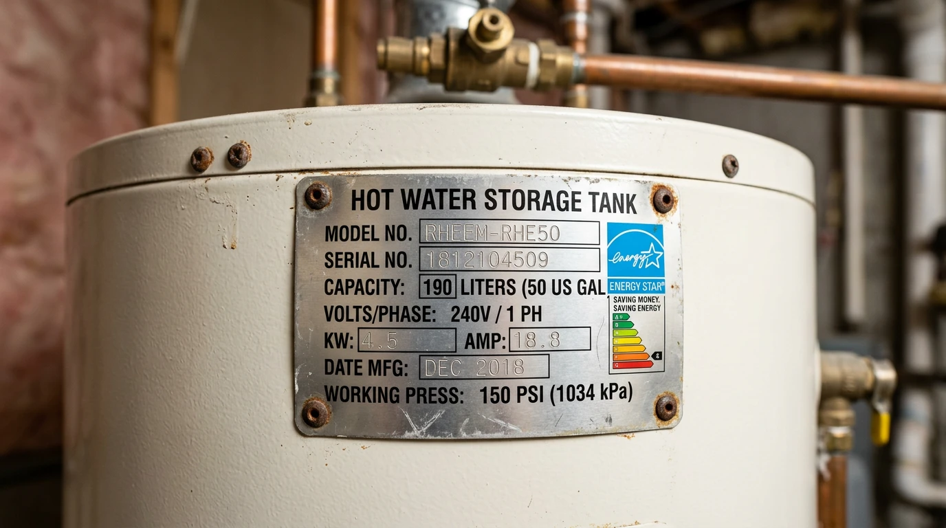 Checking the data plate on a hot water tank before replacement