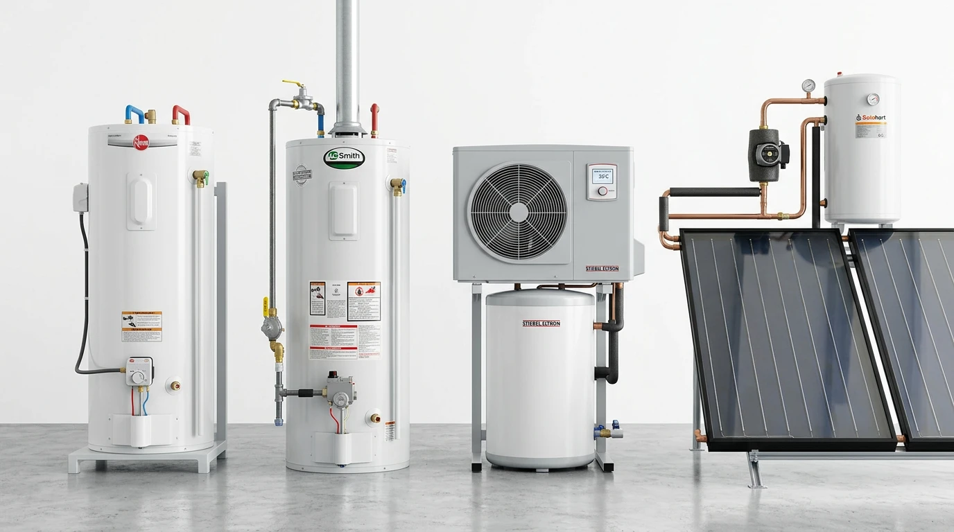 Four types of hot water systems: electric, gas, heat pump and solar