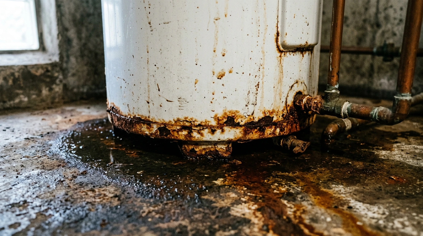 Rust and water at the base of an ageing hot water tank