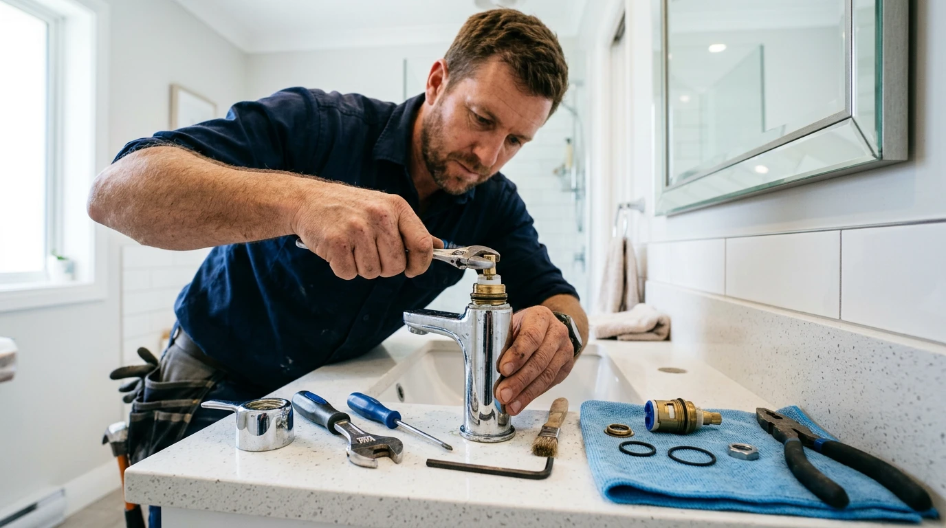 Plumber repairing a bathroom mixer tap