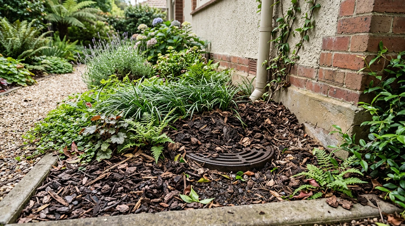 Overflow relief gully covered by landscaping