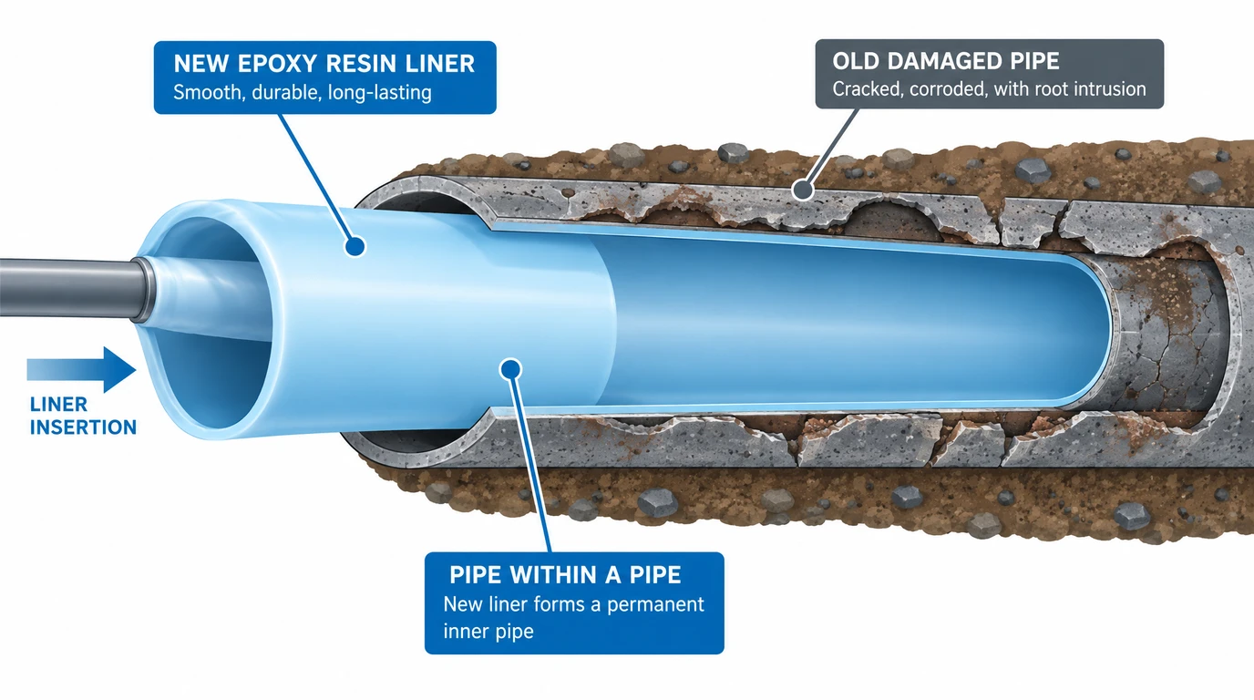 Illustration of pipe relining inside an old drain