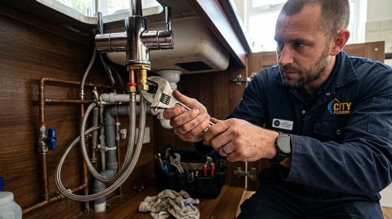 Plumber repairing a kitchen mixer tap