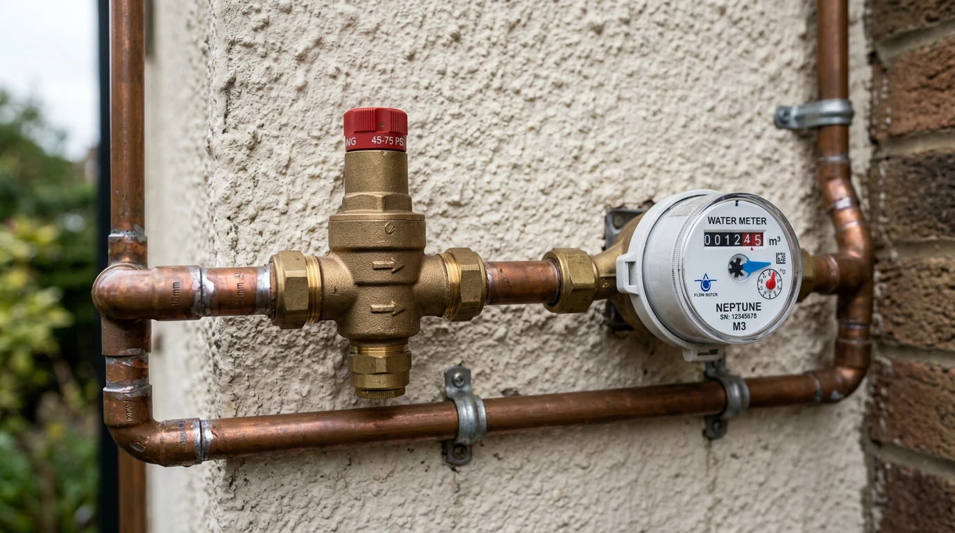 Pressure limiting valve beside a water meter