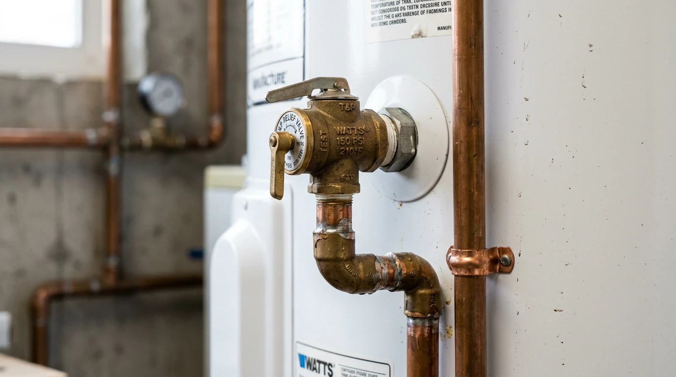Pressure and temperature relief valve on a hot water tank