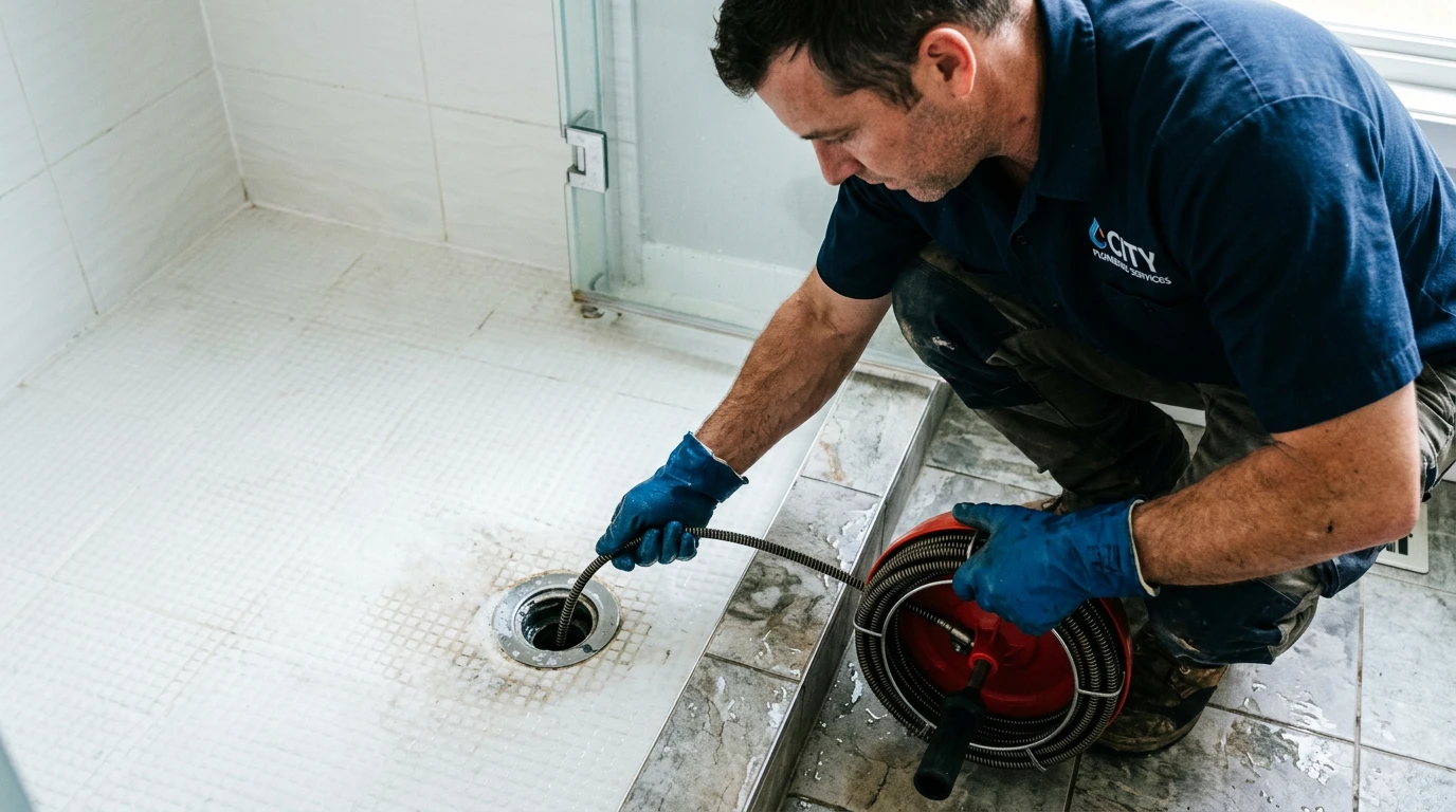Drain snake clearing a blocked shower drain