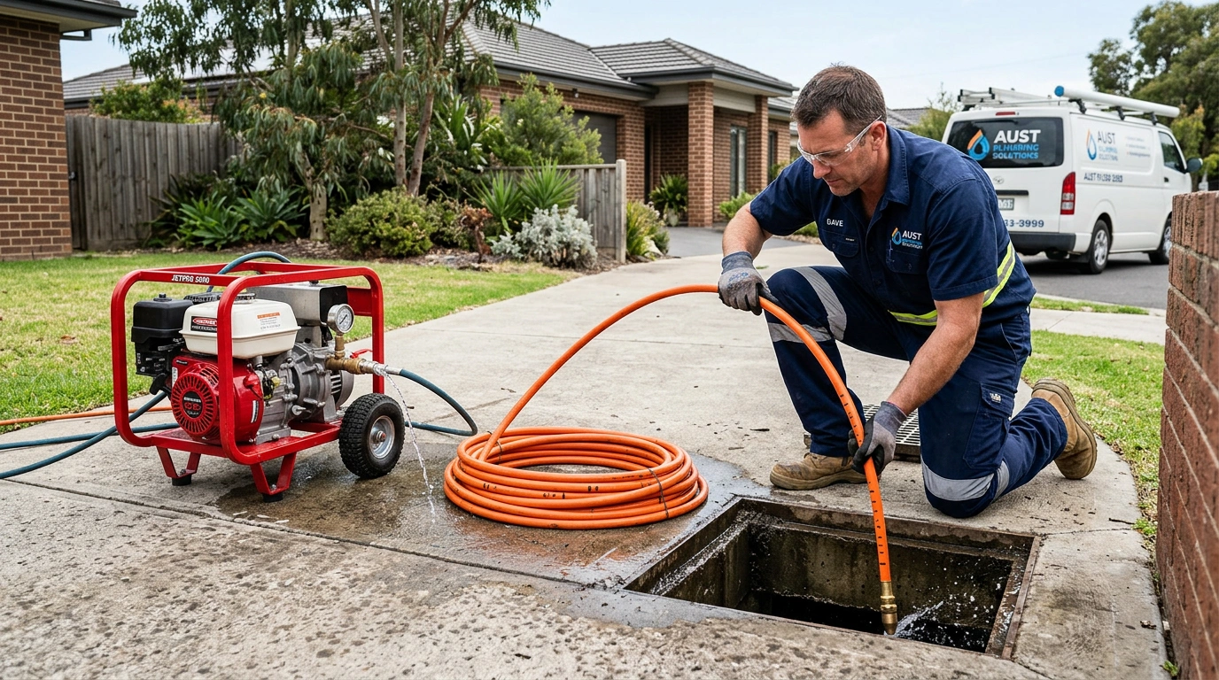 Plumber jetting a stormwater drain