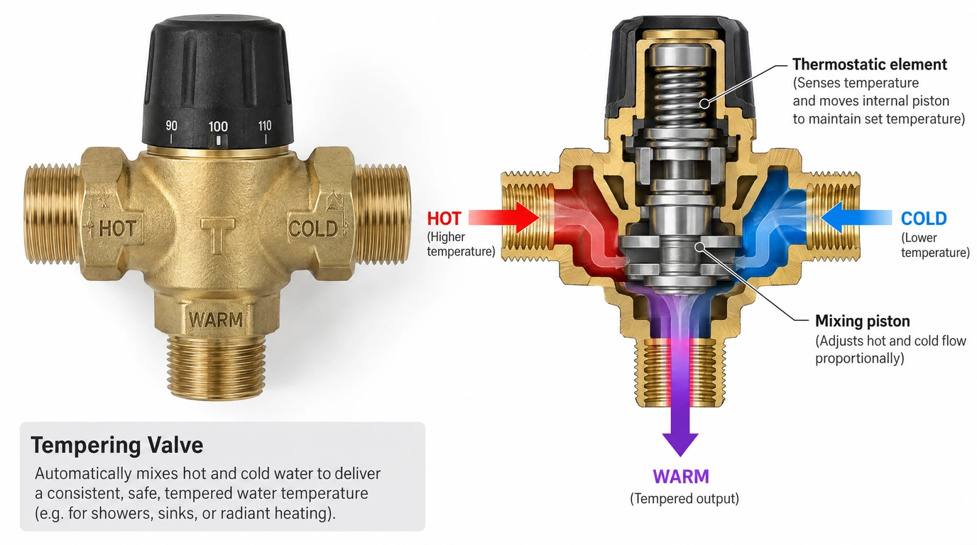 Diagram of a tempering valve mixing hot and cold water