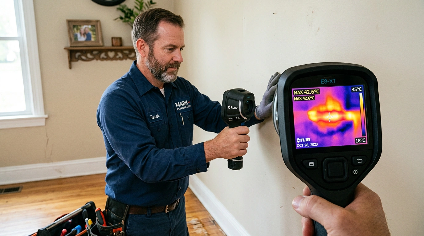 Thermal camera showing a hidden leak in a wall