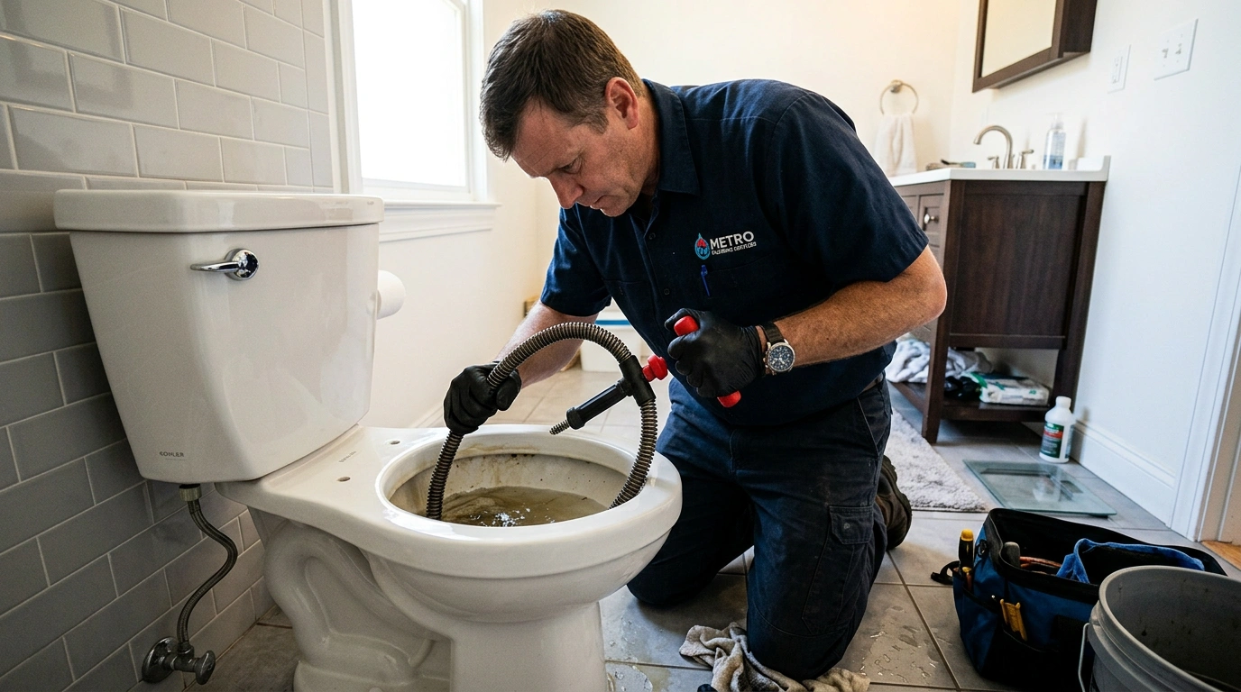 Plumber using a toilet auger