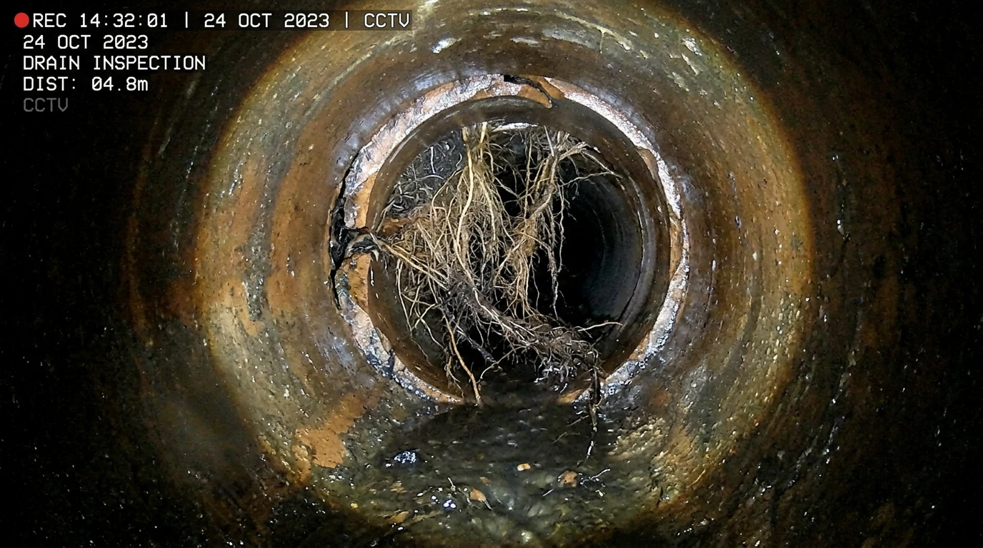 Tree roots growing through a drain pipe joint